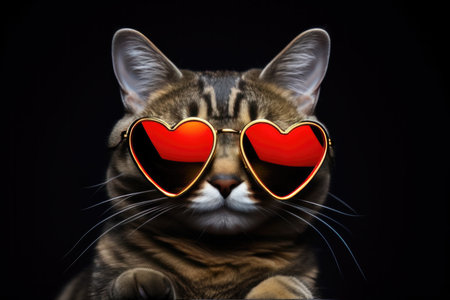 Portrait Pixiebob Cat With Heart Shaped Sunglasses Black Background. Unique Breed Of Cat, Heart Shaped Sunglasses, Cat Portrait Photography, Black Background Trick, Pixiebob Cat.の素材