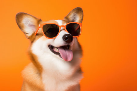 Portrait Welsh Corgi Dog With Sunglasses Orange Background. Welsh Corgi Dog Portrait, Sunglasses On Dogs, Orange Backgrounds, Corgi Breeds, Pets And Accessories, Fun Dog Portraits.の素材