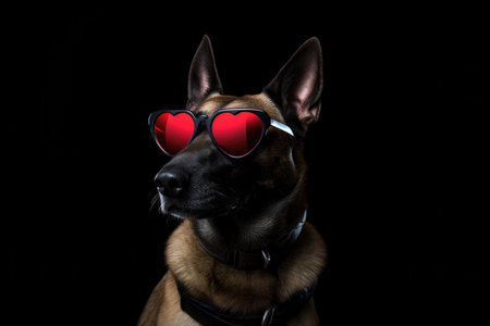 Portrait Belgian Malinois Dog With Heart Shaped Sunglasses Black Background. Colorful Pets, Innovative Accessories, Loyal Companions, Activity Exercise, Sunny Summer Days.の素材