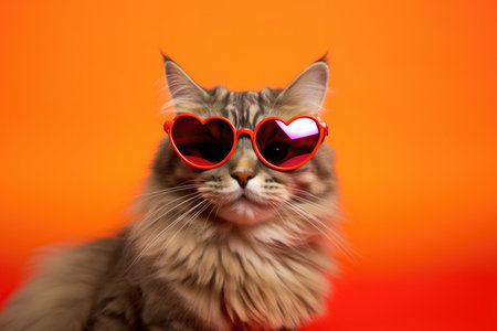 Portrait American Bobtail Cat With Heart Shaped Sunglasses Orange Background. Portrait American Bobtail Cat, Heart Shaped Sunglasses, Cat Photography, Cat Accessories, Orange Background, Cat Breeds.の素材