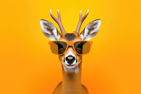 Portrait Deer With Sunglasses Orange Background. Deer Portrait, Orange Background, Sunglasses, Contrasting Colors, Stylish Look, Cool Accessories, Photographing Animals, Outfit Inspiration.の素材