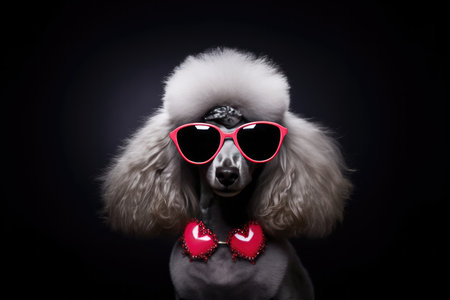 Portrait Poodle Dog With Sunglasses Black Background. Portrait, Poodle, Dog, Sunglasses, Black Background, Grooming, Personality, Accessories.の素材
