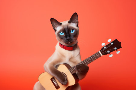 A Siamese Cat Holding A Guitar On A Red Background. Siamese Cats, Guitars, Red Background, Feline Music, Animal Musicians, Adopting Pets, Animal Photography, Pet Toys.の素材