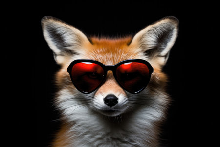 Portrait Fox With Sunglasses Black Background. Styling A Portrait Fox, Picking Out Sunglasses, Using Black Backgrounds, Editing Fox Pictures, Choosing Unique Accessories, Making Custom Clothes.の素材