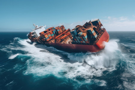 Ship Crashes In A Ocean Clear Sky. Search And Rescue, Environmental Impact, Human Error, Maritime Safety, Causes Of Collision, Oceanography, Remote Sensing, Disaster Preparedness.の素材