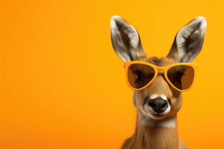Portrait Deer With Sunglasses Orange Background. Eyecatching Portraits, Deer Fashion, Bold Sunglasses, Vibrant Colors, Stand Out Accessories, Bright Backdrops, Unique Photography.の素材