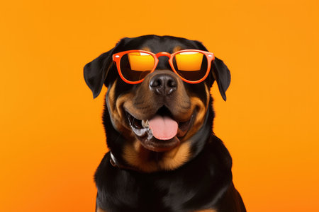 Portrait Rottweiler Dog With Sunglasses Orange Background. Photographing Dogs, Lighting Expertise, Interesting Props, Unusual Dog Breeds, Nature Backgrounds, Creating Memorable Photos.の素材