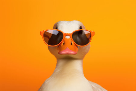 Portrait Duck With Sunglasses Orange Background. Creative Duck Photography, Colored Backsgrounds, Duck Fashion Trends, Unique Beach Accessories, Cool Sunglasses Styles.の素材
