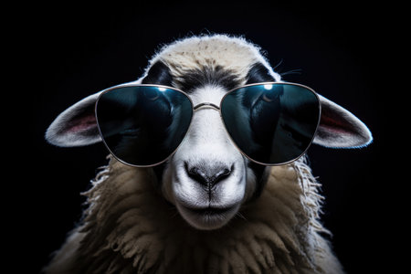 Portrait Sheep With Sunglasses Black Background. Sheep Fashion, Shades Of Black, Sunglasses For Sheep, Dreamy Pastures, Abstraction Of Sheep, Creative Animal Portraits, Funky Farm Animals.の素材