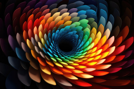 Circular Nonagon Abstraction In Multicolored Rainbow Colors On Black Background. Ð¡oncept Circular Nonagon, Abstraction, Multicolored Rainbow, Black Background.の素材