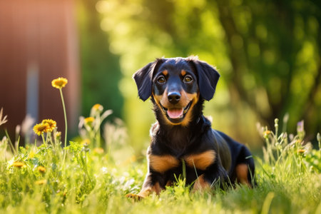 A Black And Brown Dog Laying On Top Of A Lush Green Field.の素材