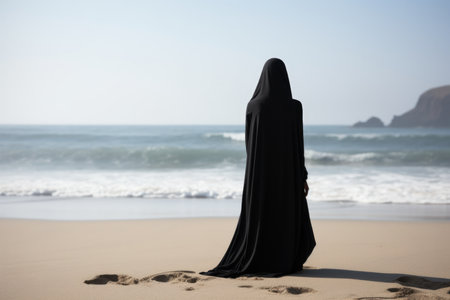 Surprise African Woman Wear Black Long Dress Thinking About Question On The Beach Background. Ð¡oncept African Womens Style Choices, Questions And Selfreflection, Ambience Of The Beach.の素材
