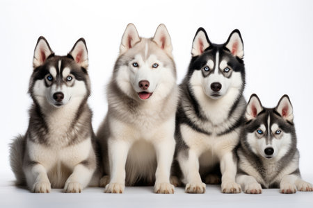 Siberian Husky Family Foursome Dogs Sitting On A White Background.の素材