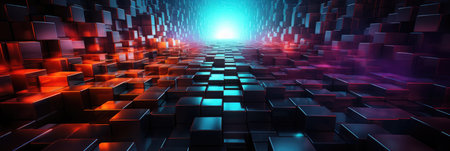 Abstract Square Shape Green Purple Orange Colors On Black Background.の素材