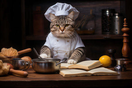 American Wirehair Cat Dressed As A Chef At Work. Ð¡oncept American Wirehair Cat, Chef Uniforms, Working With Animals, Creative Cat Grooming.の素材