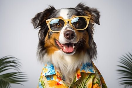 Australian Shepherd Dog Dressed As A Tourist White Background. Ð¡oncept Australian Shepherd Dogs, Tourist Outfits For Dogs, Recreational Activities For Dogs, White Background Photography.の素材