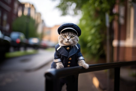 American Wirehair Cat Dressed As A Policeman On White Background. Ð¡oncept American Wirehair Cats, Police Officer Costumes, Cat Photography, White Backgrounds.の素材