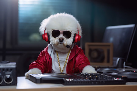 Bichon Frize Dog Dressed As A Rapper At Work. Ð¡oncept Cutest Costume At Work, Dog Attire For Halloween, Bichon Frise As A Rapper, Furreal Rappers At The Office.の素材
