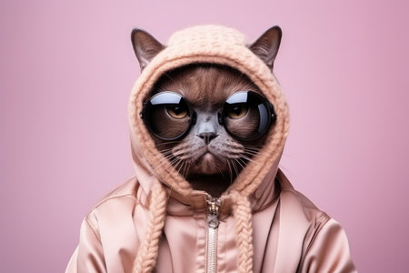 Burmese Cat Dressed As A Rapper On Blush Color Background.の素材