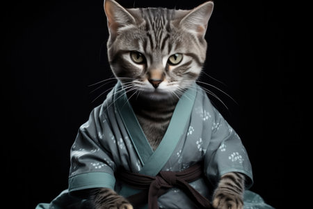 American Wirehair Cat Dressed As A Ninja On Mint Color Background. Ð¡oncept American Wirehair Cats, Ninja Costumes, Mint Color, Colorful Backgrounds.の素材