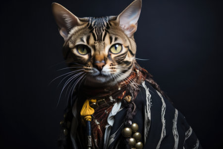 Bengal Cat Dressed As A Pirate At Work. Ð¡oncept Costumed Cats In The Workplace, Dress Up Days At The Office, Adorable Piratethemed Outfits, Unusual Pet Costumes.の素材