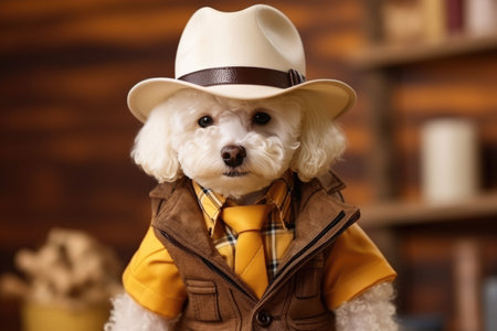 Bichon Frize Dog Dressed As A Cowboy. Concept Adopting A Bichon Frise, Care For A Bichon Frise, Dressing Up A Dog As A Cowboy, Unique Pet Outfits.の素材