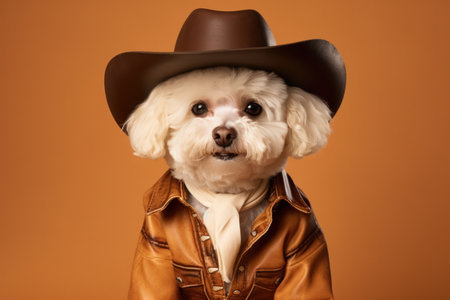 Bichon Frize Dog Dressed As A Cowboy. Ð¡oncept Bichon Frise, Cowboy Costumes, Dog Fashion, Adorable Pets.の素材