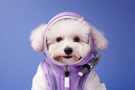 Bichon Frise Dog Dressed As An Astronaut On Lavender Color Background. Concept Astronaut Bichon Frise, Lavender Background, Pet Fashion Trends, Creative Dog Owners.の素材
