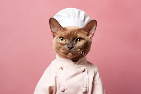 Burmese Cat Dressed As A Chef On Blush Color Background.の素材