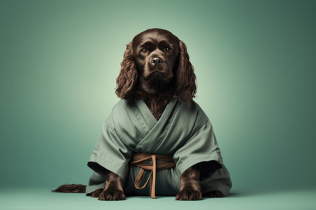 Cocker Spaniel Dog Dressed As A Ninja On Mint Color Background. Ð¡oncept Cocker Spaniel Dogs, Ninja Costumes For Dogs, Mint Color Backgrounds, Humorous Pet Outfits.の素材