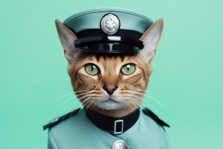 Abyssinian Cat Dressed As A Police Officer On Mint Color Background. Ð¡oncept Abyssinian Cats, Dressing Up Cats, Creative Photo Shoots, Mint Color Backgrounds.の素材