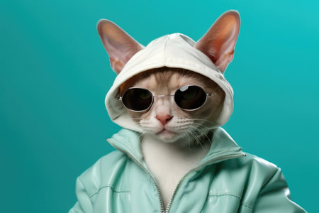 Devon Rex Cat Dressed As A Rapper On Mint Color Background. Ð¡oncept Devon Rex Cats, Rapper Aesthetic, Mint Color Tones, Creative Cat Poses.の素材
