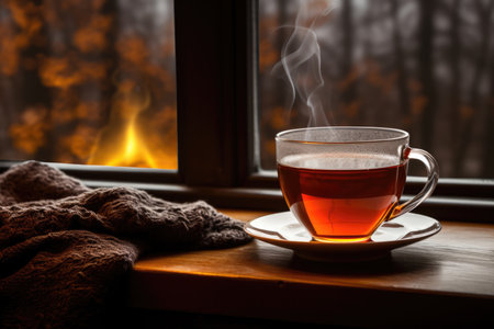 Home Comfort Sipping Hot Tea On A Rainy Day. Ð¡oncept Rainy Day Rituals, Tea Types Benefits, Comfort Of Home, Staycation Ideas.の素材