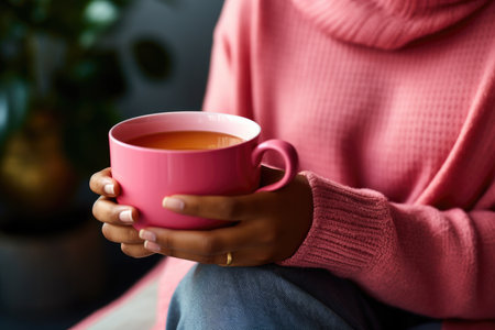Domestic Bliss Sipping Hot Tea With A Cup Of Coffee.の素材