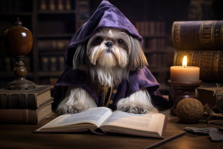 Shih Tzu Dog Dressed As A Wizard At Work. Concept Wizard Shih Tzu, Working Pets, Dressed Up Dogs, Pet Costumes.の素材
