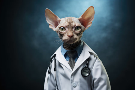 Devon Rex Cat Dressed As A Doctor At Work. Ð¡oncept Devon Rex Cats, Doctor Fashion, Cats In The Workplace, Professional Grooming.の素材