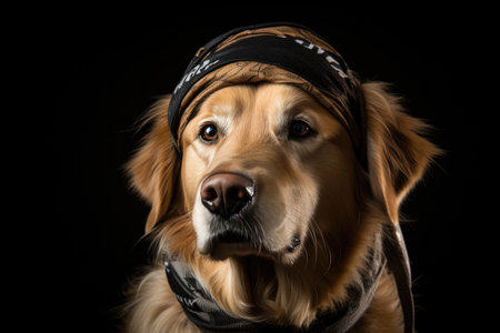 Golden Retriever Dog Dressed As A Sports Athlete On Black Background. Ð¡oncept Golden Retriever Sports Style, Sports Photos With Dogs, Dressing Up Dogs, Black Backgrounds For Photos.の素材