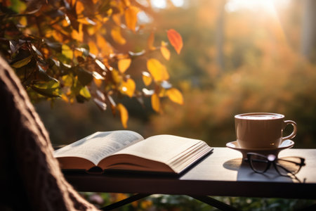 Everyday Life Reading A Book With A Cup Of Coffee. Concept Finding Comfort In The Ritual Of Reading, The Impact Of Coffee On Alertness, Setting The Mood To Optimize Reading.の素材