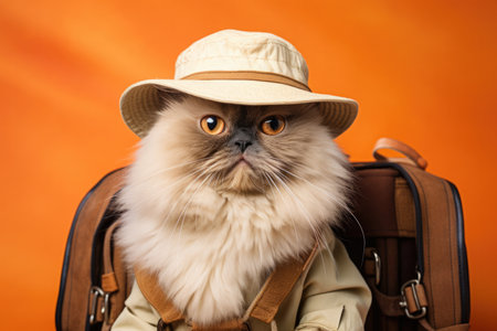 Himalayan Cat Dressed As A Tourist. Ð¡oncept Himalayan Cat Breeds, Dressing Up Pets, Tourist Apparel, Humanizing Animals.の素材