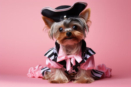 Yorkshire Terrier Dog Dressed As A Pirate On Blush Color Background. Concept Yorkshire Terrier Dog Pirate Costume, Blushcolored Backgrounds, Fashionable Pirate Outfits, Puppy Fashion Trends.の素材