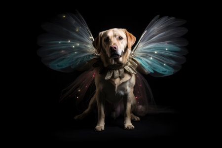 Labrador Retriever Dog Dressed As A Fairy On Black Background. Ð¡oncept Labrador Retriever, Fairy Costume, Dog Masquerade, Black Background.の素材