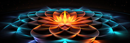 Circular Dodecagon Artwork Blue Green Orange Colors On Black Background.の素材