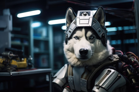 Siberian Husky Dog Dressed As A Robot At Work. Concept Siberian Husky, Robot Clothing, Cute Work Ensembles, Canine Intelligence.の素材
