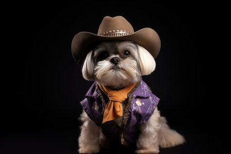 Shih Tzu Dog Dressed As A Cowboy On Lavender Color Background.の素材