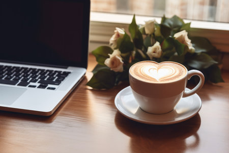 Home Comfort Working From Home With A Love Cup Of Coffee. Concept Working Remotely, Home Office Setup, Digital Productivity, Coffee Ritual.の素材