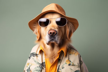 Golden Retriever Dog Dressed As A Tourist Mint Color Background. Ð¡oncept Dressing Up Your Dog, Cute Photos Of Pets, Golden Retriever Ownership, Mint Color Inspiration.の素材