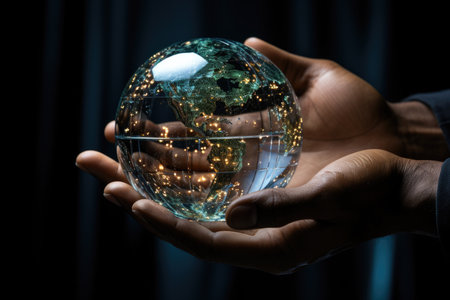 Cyber Hand Earth Cyber Hand Holding Earth Ai Technologyon Black Background. Concept Cyber Hand, Earth, Ai Technology, Black Background.の素材