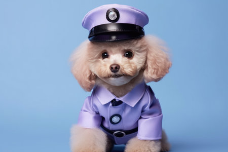 Poodle Dog Dressed As A Policeman On Lavender Color Background. Ð¡oncept Poodle Police Officer, Lavender Background, Dog Fashion, Photography.の素材