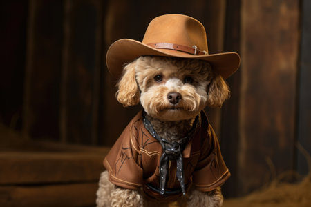Poodle Dog Dressed As A Cowboy At Work. Ð¡oncept Westernstyle Pet Fashion, Poodle Grooming Tips, Unique Dog Profession Ideas, Cowboythemed Dog Costumes.の素材