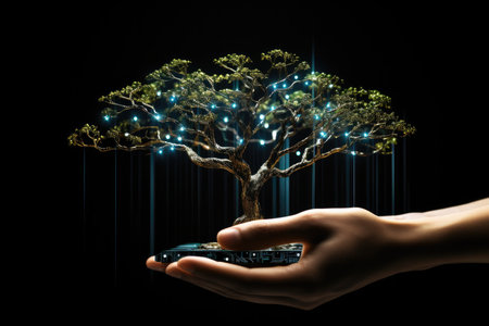 Cyber Hand Tree Cyber Hand Holding Tree Ai Technologyon Black Background. Ð¡oncept Ai Technology And Cyber Security, Hand Holding Tree Design, Cyber Hand Tree, Black Background Technology.の素材